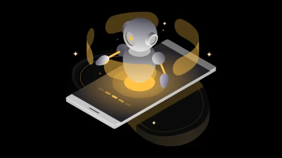 Ilustração de um celular com um robô representando a transformação digital